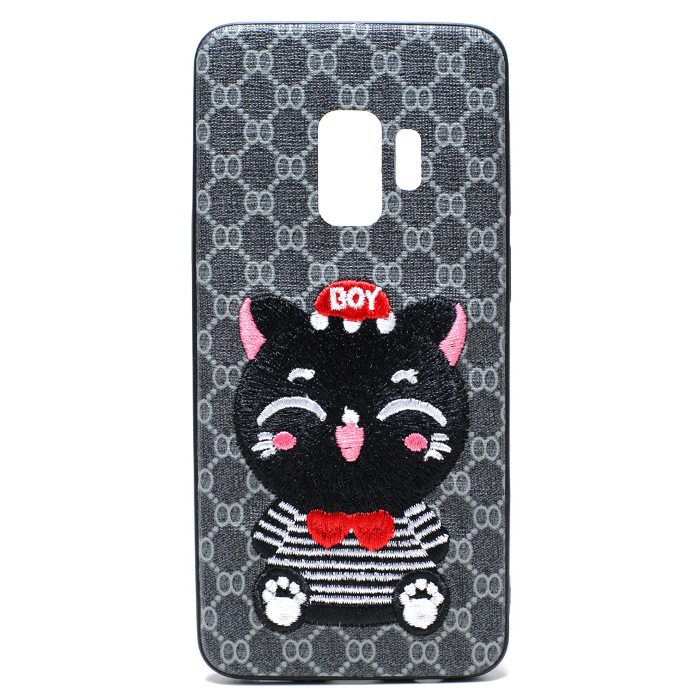 Galaxy S9+ (Plus) Design Cloth Stitch Hybrid Case (Gray Cat)